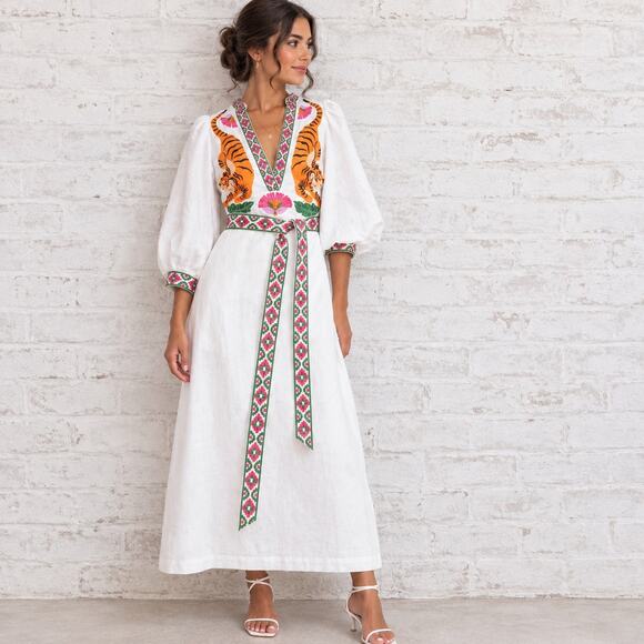Boden Dresses & Skirts - Boden Octavia Linen Blend Midi Dress Women’s Size 6 Long Embroidered Tiger Boho